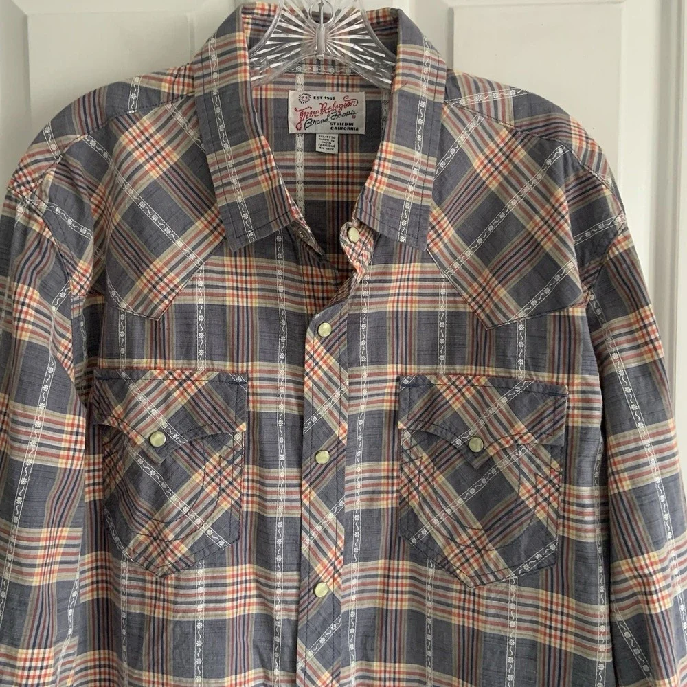 True Religion Plaid Western Pearl Snap Long Sleeve Shirt Men XXXL 3XL Cotton